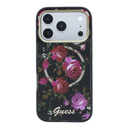iPhone 18 Pro Kılıf Guess Orijinal Lisanslı M-safe Şarj Özellikli Gül Desenli Simli Yazı Logolu Kılıf