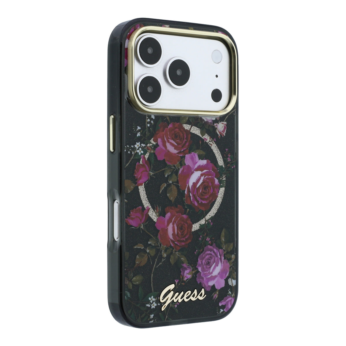 iPhone 18 Pro Kılıf Guess Orijinal Lisanslı M-safe Şarj Özellikli Gül Desenli Simli Yazı Logolu Kılıf