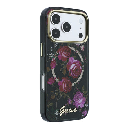 iPhone 18 Pro Kılıf Guess Orijinal Lisanslı M-safe Şarj Özellikli Gül Desenli Simli Yazı Logolu Kılıf