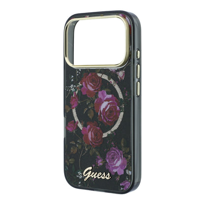 iPhone 18 Pro Kılıf Guess Orijinal Lisanslı M-safe Şarj Özellikli Gül Desenli Simli Yazı Logolu Kılıf