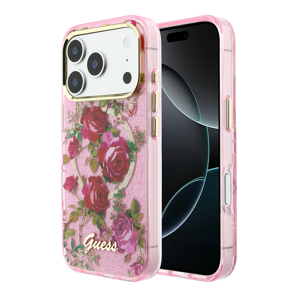 iPhone 18 Pro Kılıf Guess Orijinal Lisanslı M-safe Şarj Özellikli Gül Desenli Simli Yazı Logolu Kılıf