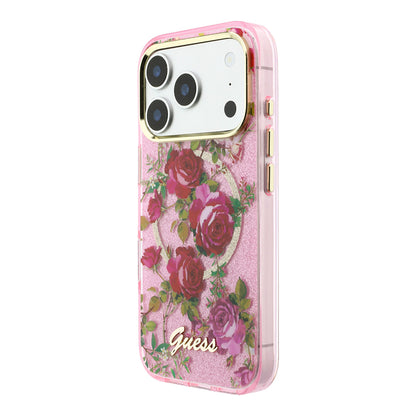 iPhone 18 Pro Kılıf Guess Orijinal Lisanslı M-safe Şarj Özellikli Gül Desenli Simli Yazı Logolu Kılıf