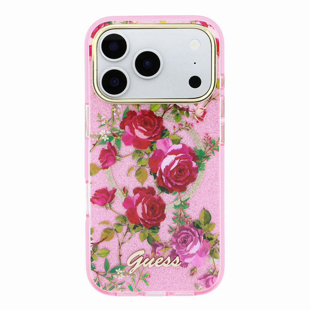 iPhone 18 Pro Kılıf Guess Orijinal Lisanslı M-safe Şarj Özellikli Gül Desenli Simli Yazı Logolu Kılıf