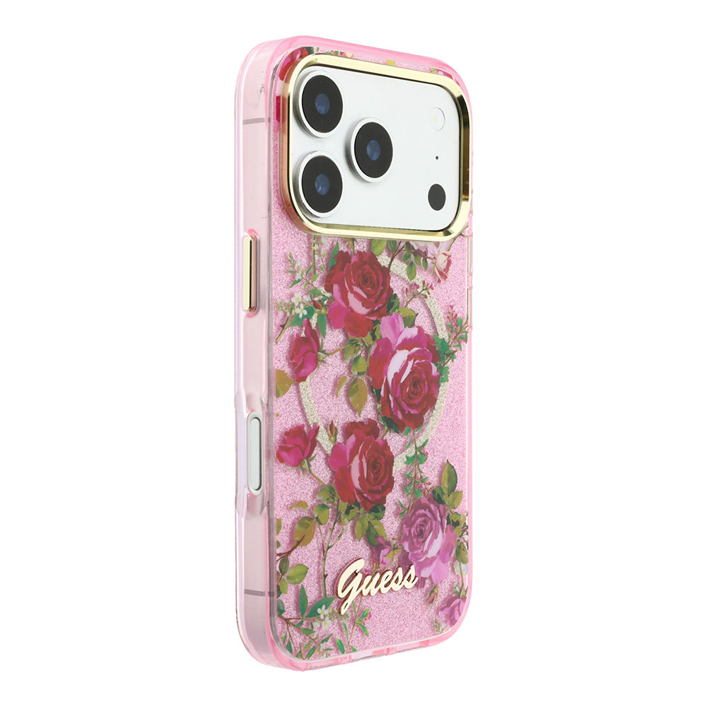 iPhone 18 Pro Kılıf Guess Orijinal Lisanslı M-safe Şarj Özellikli Gül Desenli Simli Yazı Logolu Kılıf