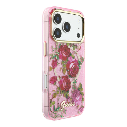 iPhone 18 Pro Kılıf Guess Orijinal Lisanslı M-safe Şarj Özellikli Gül Desenli Simli Yazı Logolu Kılıf