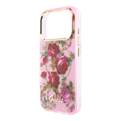 iPhone 18 Pro Kılıf Guess Orijinal Lisanslı M-safe Şarj Özellikli Gül Desenli Simli Yazı Logolu Kılıf