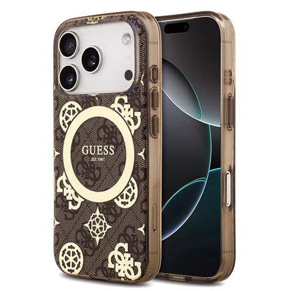 iPhone 18 Pro Kılıf Guess Orijinal Lisanslı M-safe Şarj Özellikli IML Peony ve 4G Desenli Klasik Logolu Kılıf