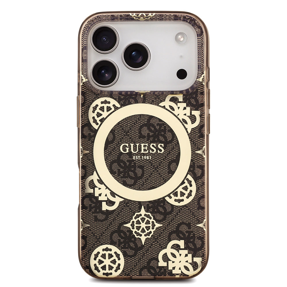 iPhone 18 Pro Kılıf Guess Orijinal Lisanslı M-safe Şarj Özellikli IML Peony ve 4G Desenli Klasik Logolu Kılıf
