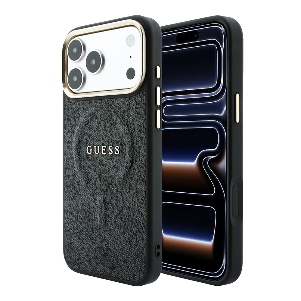 iPhone 18 Pro Kılıf Guess Orijinal Lisanslı M-safe Şarj Özellikli Metal Kamera Çerçeveli C-Magnet 4G Desenli Yazı Logolu Kılıf