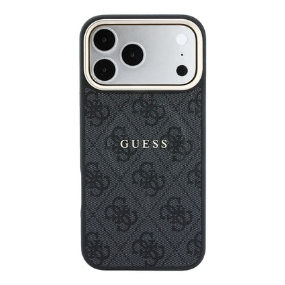 iPhone 18 Pro Kılıf Guess Orijinal Lisanslı M-safe Şarj Özellikli Metal Kamera Çerçeveli C-Magnet 4G Desenli Yazı Logolu Kılıf