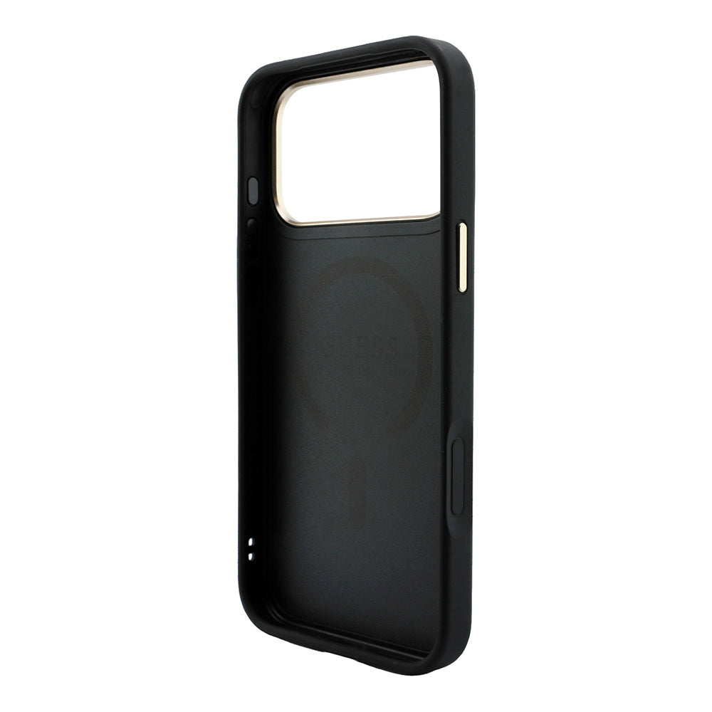 iPhone 18 Pro Kılıf Guess Orijinal Lisanslı M-safe Şarj Özellikli Metal Kamera Çerçeveli C-Magnet 4G Desenli Yazı Logolu Kılıf