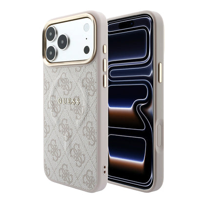 iPhone 18 Pro Kılıf Guess Orijinal Lisanslı M-safe Şarj Özellikli Metal Kamera Çerçeveli C-Magnet 4G Desenli Yazı Logolu Kılıf
