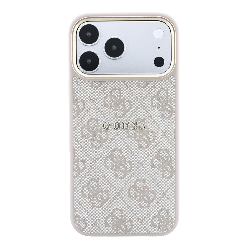 iPhone 18 Pro Kılıf Guess Orijinal Lisanslı M-safe Şarj Özellikli Metal Kamera Çerçeveli C-Magnet 4G Desenli Yazı Logolu Kılıf