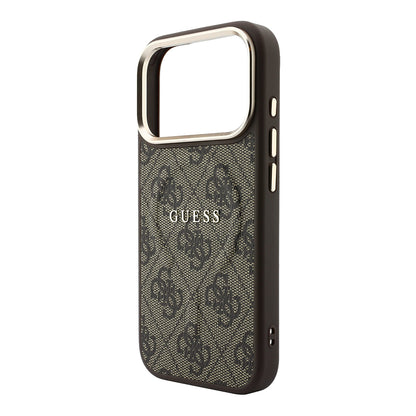 iPhone 18 Pro Kılıf Guess Orijinal Lisanslı M-safe Şarj Özellikli Metal Kamera Çerçeveli C-Magnet 4G Desenli Yazı Logolu Kılıf