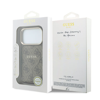 iPhone 18 Pro Kılıf Guess Orijinal Lisanslı M-safe Şarj Özellikli Metal Kamera Çerçeveli C-Magnet 4G Desenli Yazı Logolu Kılıf