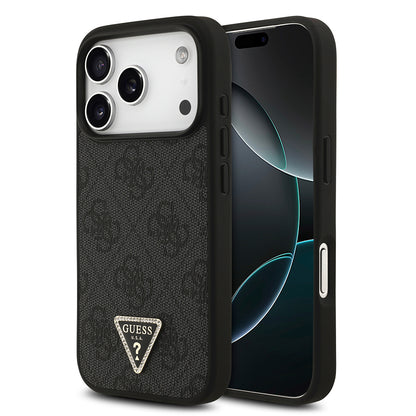 iPhone 18 Pro Kılıf Guess Orijinal Lisanslı M-safe Şarj Özellikli PU Deri Taşlı Üçgen Logo 4G Desenli Strass Kılıf