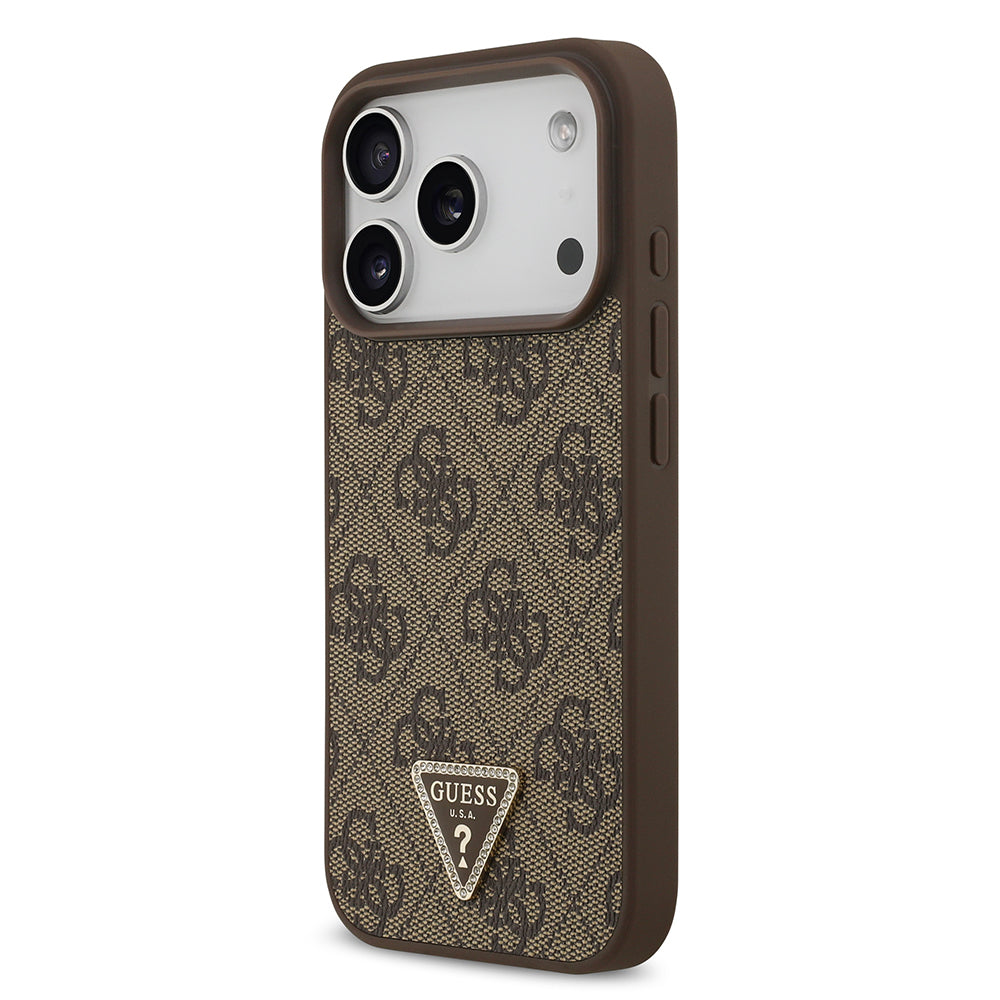 iPhone 18 Pro Kılıf Guess Orijinal Lisanslı M-safe Şarj Özellikli PU Deri Taşlı Üçgen Logo 4G Desenli Strass Kılıf