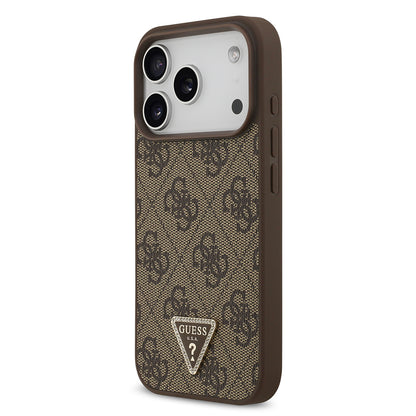 iPhone 18 Pro Kılıf Guess Orijinal Lisanslı M-safe Şarj Özellikli PU Deri Taşlı Üçgen Logo 4G Desenli Strass Kılıf
