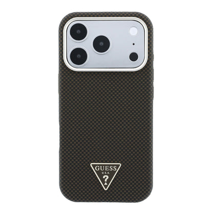 iPhone 18 Pro Kılıf Guess Orijinal Lisanslı M-safe Şarj Özellikli PU Metal Üçgen Logolu Karbon Fiber Kevlar Kılıf