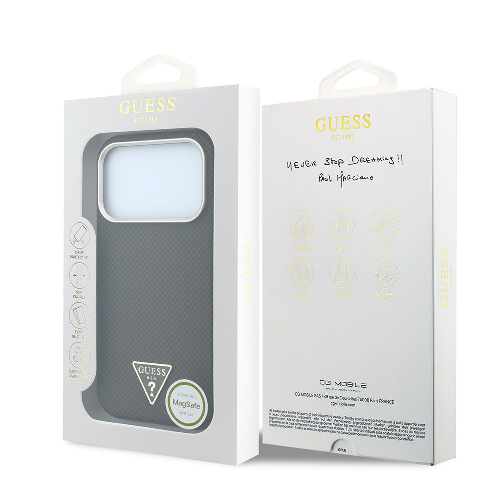iPhone 18 Pro Kılıf Guess Orijinal Lisanslı M-safe Şarj Özellikli PU Metal Üçgen Logolu Karbon Fiber Kevlar Kılıf