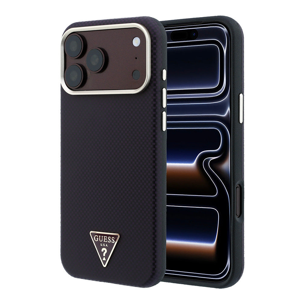iPhone 18 Pro Kılıf Guess Orijinal Lisanslı M-safe Şarj Özellikli PU Metal Üçgen Logolu Karbon Fiber Kevlar Kılıf