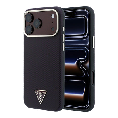 iPhone 18 Pro Kılıf Guess Orijinal Lisanslı M-safe Şarj Özellikli PU Metal Üçgen Logolu Karbon Fiber Kevlar Kılıf