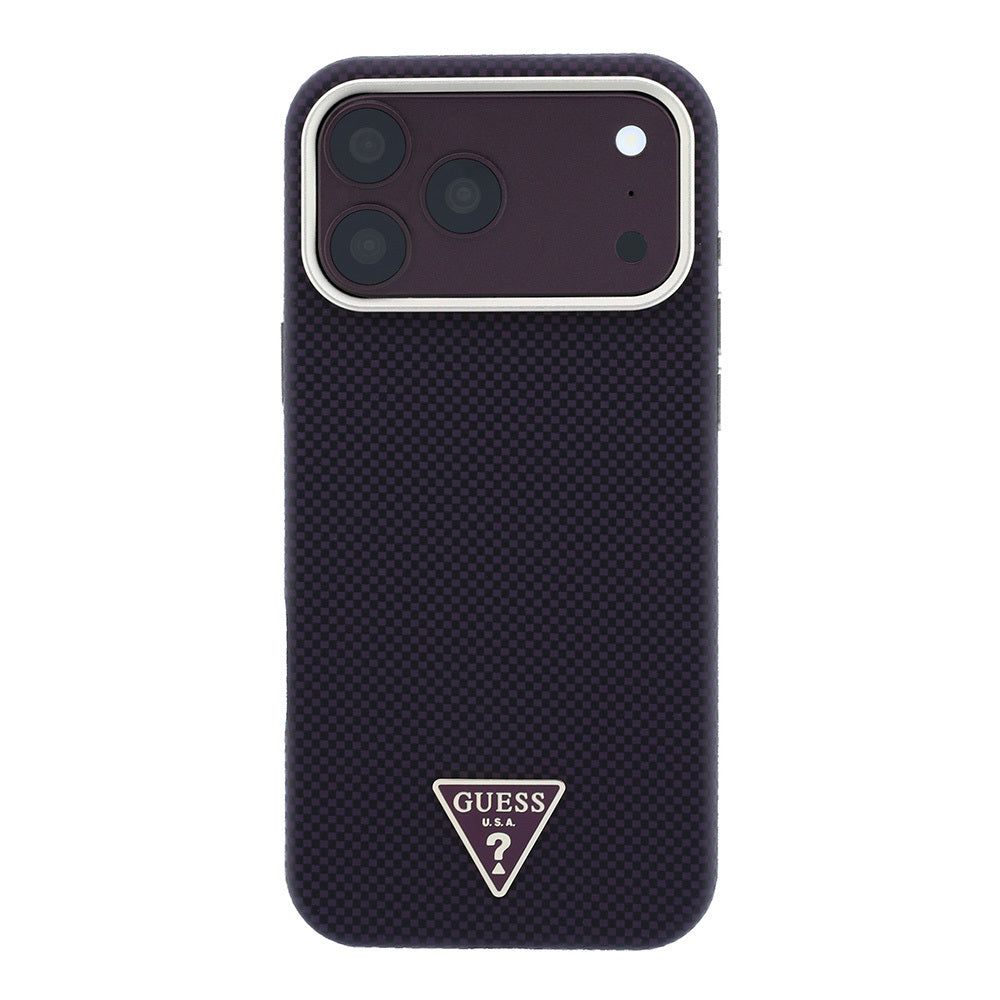 iPhone 18 Pro Kılıf Guess Orijinal Lisanslı M-safe Şarj Özellikli PU Metal Üçgen Logolu Karbon Fiber Kevlar Kılıf