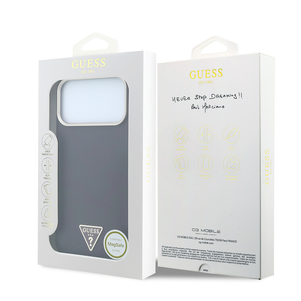 iPhone 18 Pro Kılıf Guess Orijinal Lisanslı M-safe Şarj Özellikli PU Metal Üçgen Logolu Karbon Fiber Kevlar Kılıf