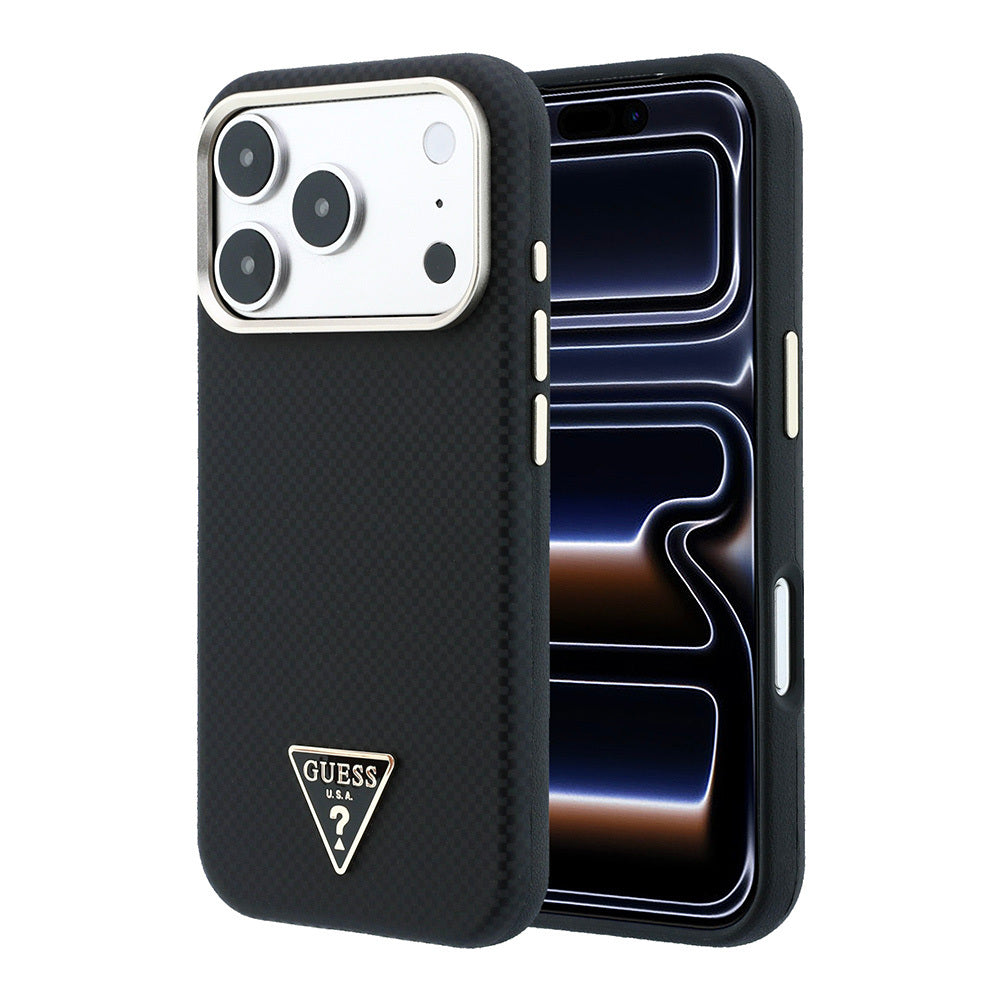 iPhone 18 Pro Kılıf Guess Orijinal Lisanslı M-safe Şarj Özellikli PU Metal Üçgen Logolu Karbon Fiber Kevlar Kılıf