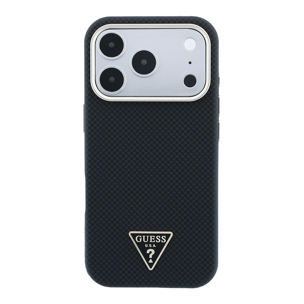 iPhone 18 Pro Kılıf Guess Orijinal Lisanslı M-safe Şarj Özellikli PU Metal Üçgen Logolu Karbon Fiber Kevlar Kılıf