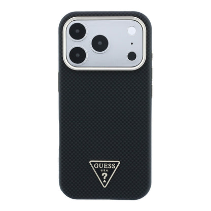 iPhone 18 Pro Kılıf Guess Orijinal Lisanslı M-safe Şarj Özellikli PU Metal Üçgen Logolu Karbon Fiber Kevlar Kılıf