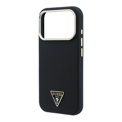 iPhone 18 Pro Kılıf Guess Orijinal Lisanslı M-safe Şarj Özellikli PU Metal Üçgen Logolu Karbon Fiber Kevlar Kılıf