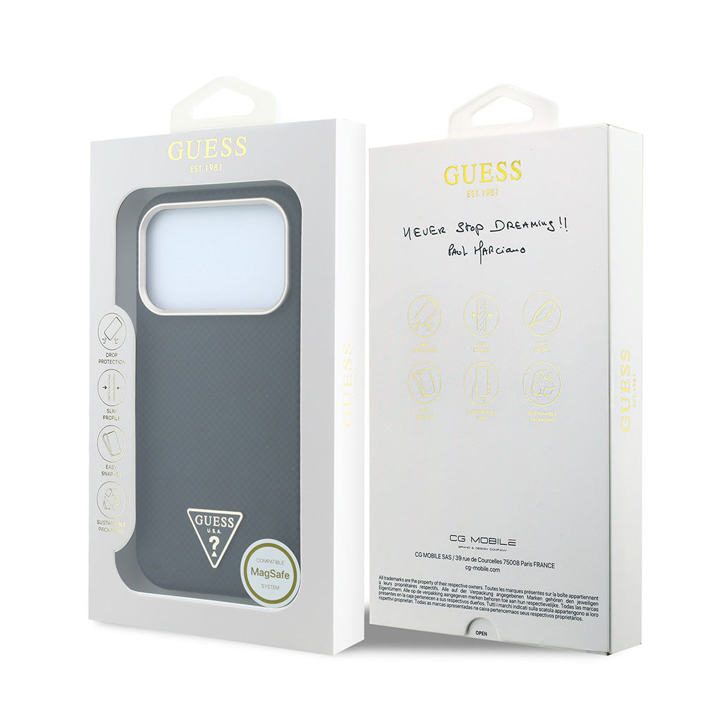iPhone 18 Pro Kılıf Guess Orijinal Lisanslı M-safe Şarj Özellikli PU Metal Üçgen Logolu Karbon Fiber Kevlar Kılıf