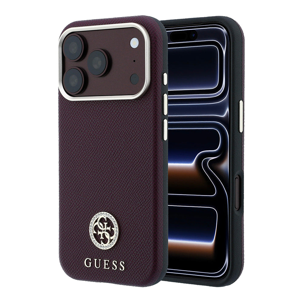 iPhone 18 Pro Kılıf Guess Orijinal Lisanslı M-safe Şarj Özellikli PU Taşlı Metal 4G ve Yazı Logolu Kılıf