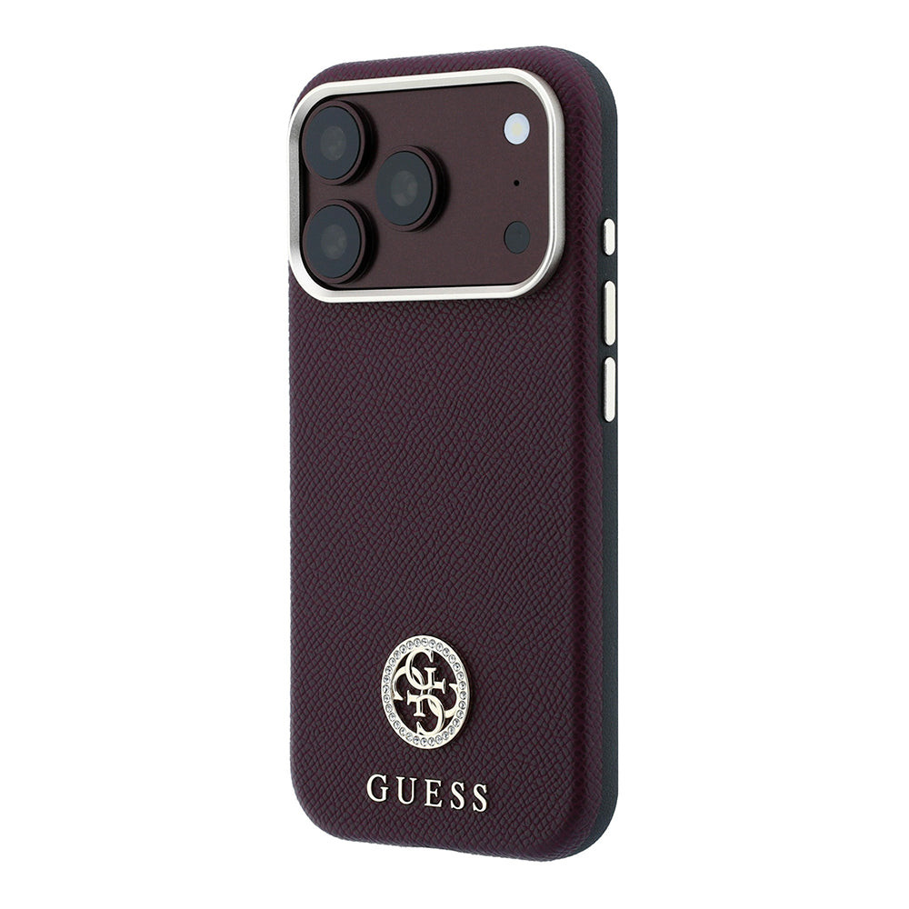 iPhone 18 Pro Kılıf Guess Orijinal Lisanslı M-safe Şarj Özellikli PU Taşlı Metal 4G ve Yazı Logolu Kılıf