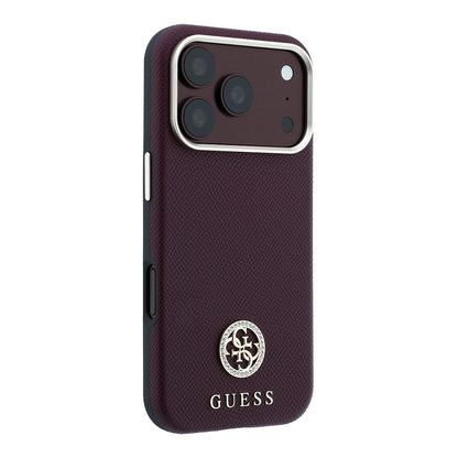 iPhone 18 Pro Kılıf Guess Orijinal Lisanslı M-safe Şarj Özellikli PU Taşlı Metal 4G ve Yazı Logolu Kılıf