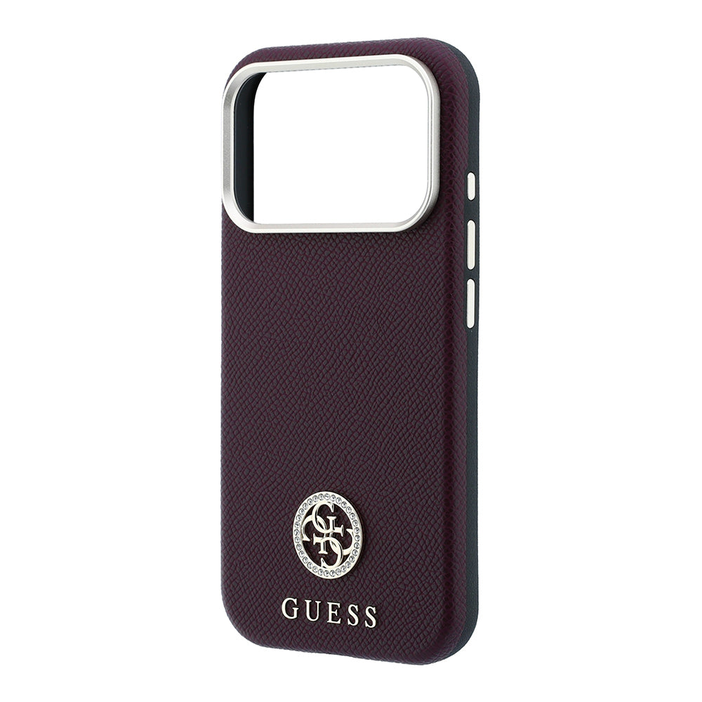 iPhone 18 Pro Kılıf Guess Orijinal Lisanslı M-safe Şarj Özellikli PU Taşlı Metal 4G ve Yazı Logolu Kılıf