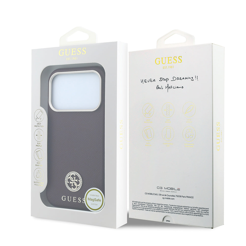 iPhone 18 Pro Kılıf Guess Orijinal Lisanslı M-safe Şarj Özellikli PU Taşlı Metal 4G ve Yazı Logolu Kılıf