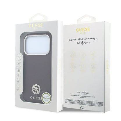 iPhone 18 Pro Kılıf Guess Orijinal Lisanslı M-safe Şarj Özellikli PU Taşlı Metal 4G ve Yazı Logolu Kılıf