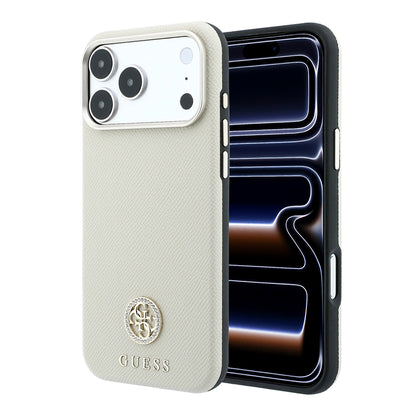 iPhone 18 Pro Kılıf Guess Orijinal Lisanslı M-safe Şarj Özellikli PU Taşlı Metal 4G ve Yazı Logolu Kılıf