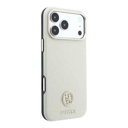 iPhone 18 Pro Kılıf Guess Orijinal Lisanslı M-safe Şarj Özellikli PU Taşlı Metal 4G ve Yazı Logolu Kılıf