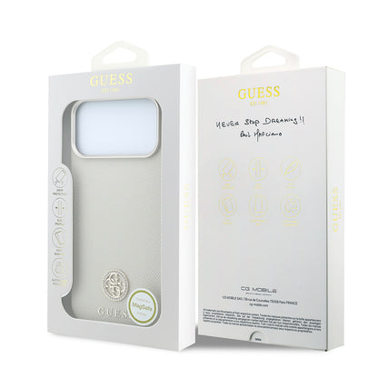 iPhone 18 Pro Kılıf Guess Orijinal Lisanslı M-safe Şarj Özellikli PU Taşlı Metal 4G ve Yazı Logolu Kılıf