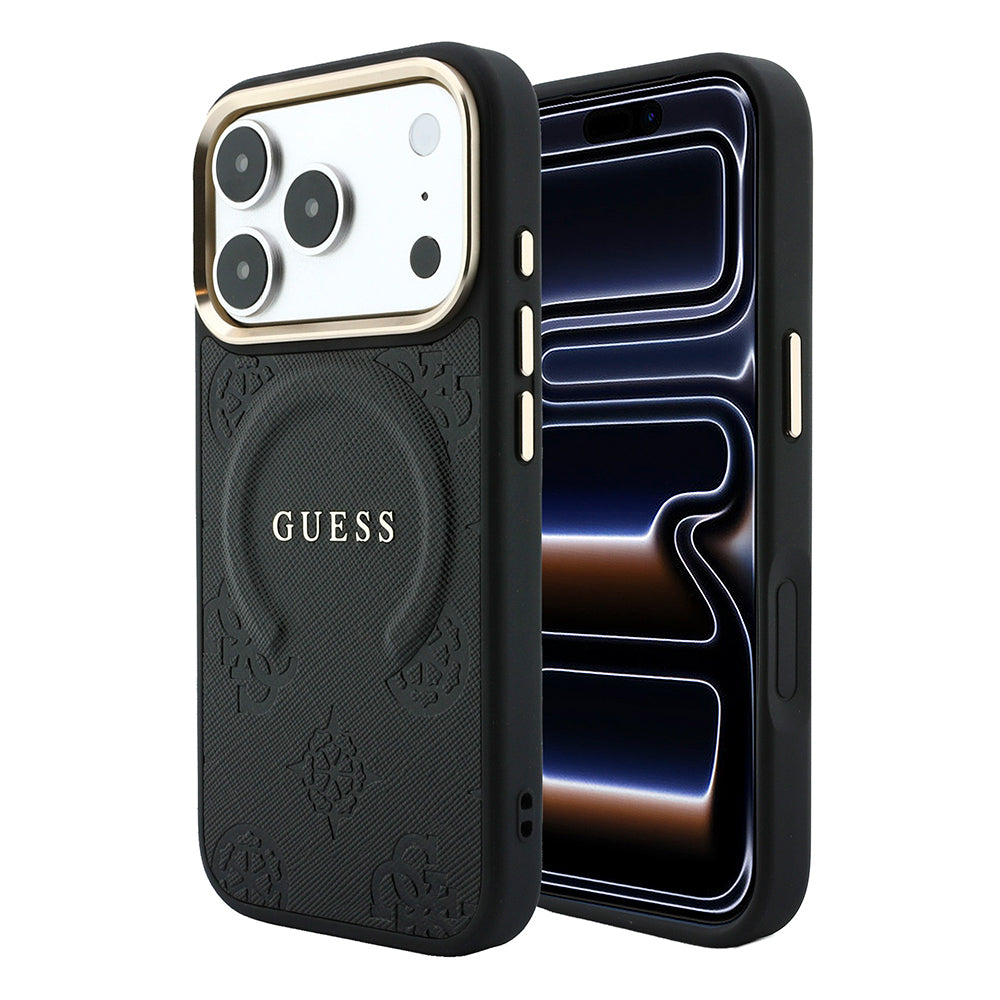 iPhone 18 Pro Kılıf Guess Orijinal Lisanslı M-safe Şarj Özellikli Sıcak Baskılı Yazı Logolu C-Magnet PU Deri Peony Kılıf