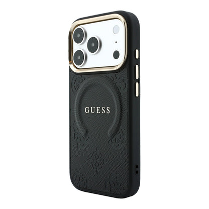 iPhone 18 Pro Kılıf Guess Orijinal Lisanslı M-safe Şarj Özellikli Sıcak Baskılı Yazı Logolu C-Magnet PU Deri Peony Kılıf