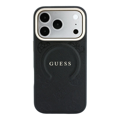 iPhone 18 Pro Kılıf Guess Orijinal Lisanslı M-safe Şarj Özellikli Sıcak Baskılı Yazı Logolu C-Magnet PU Deri Peony Kılıf