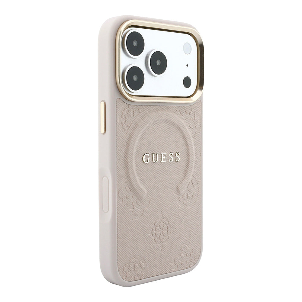 iPhone 18 Pro Kılıf Guess Orijinal Lisanslı M-safe Şarj Özellikli Sıcak Baskılı Yazı Logolu C-Magnet PU Deri Peony Kılıf