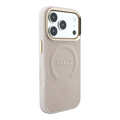 iPhone 18 Pro Kılıf Guess Orijinal Lisanslı M-safe Şarj Özellikli Sıcak Baskılı Yazı Logolu C-Magnet PU Deri Peony Kılıf