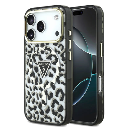 iPhone 18 Pro Kılıf Guess Orijinal Lisanslı M-safe Şarj Özellikli Üçgen Logolu Simli Leopar Desenli Kılıf
