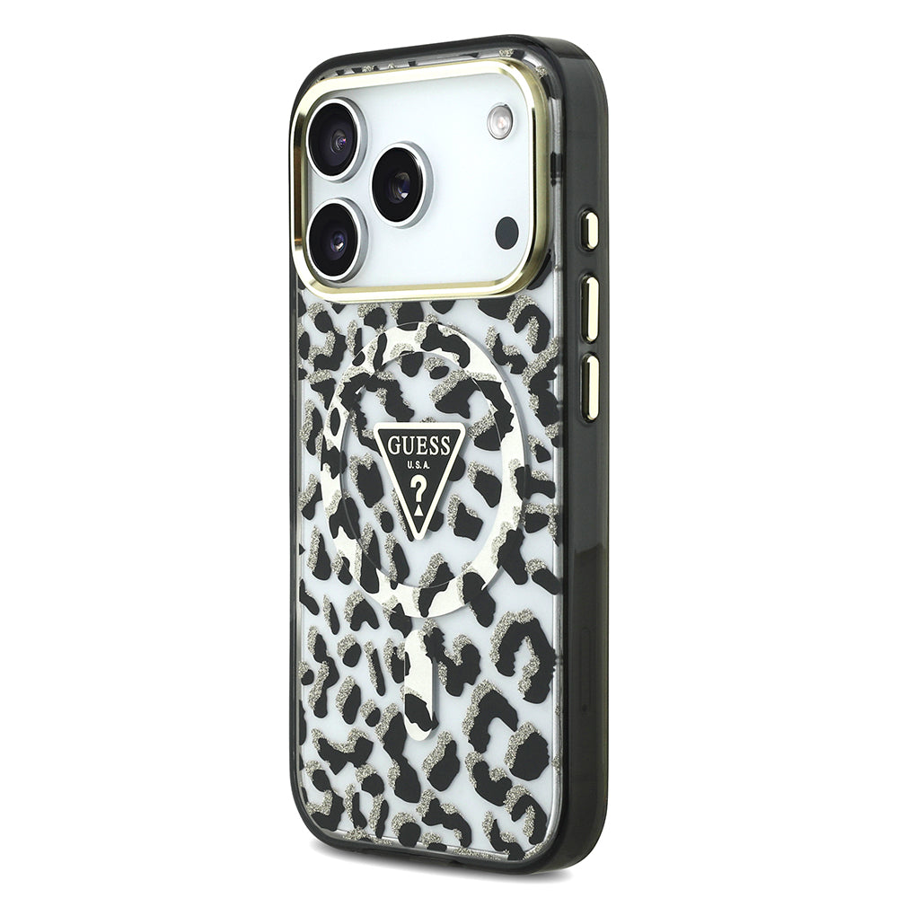 iPhone 18 Pro Kılıf Guess Orijinal Lisanslı M-safe Şarj Özellikli Üçgen Logolu Simli Leopar Desenli Kılıf