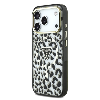 iPhone 18 Pro Kılıf Guess Orijinal Lisanslı M-safe Şarj Özellikli Üçgen Logolu Simli Leopar Desenli Kılıf